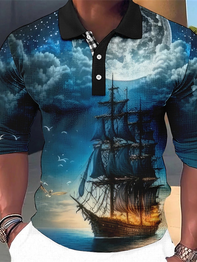  Voor heren POLO Shirt Golfshirt Bliksem Grafische prints Wijnoogst Piraat Zeilboot Strijkijzer Blauw-Groen Rood blauw Paars Groen Buiten Straat Lange mouw Afdrukken Kleding Modieus Streetwear