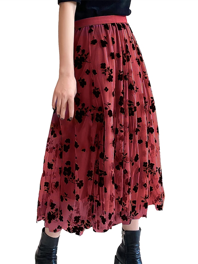  Women's Long Skirt Midi Skirts Ruched Print Floral Maillard Date Going out Winter Polyester Fashion Casual claret Gray blue Black White