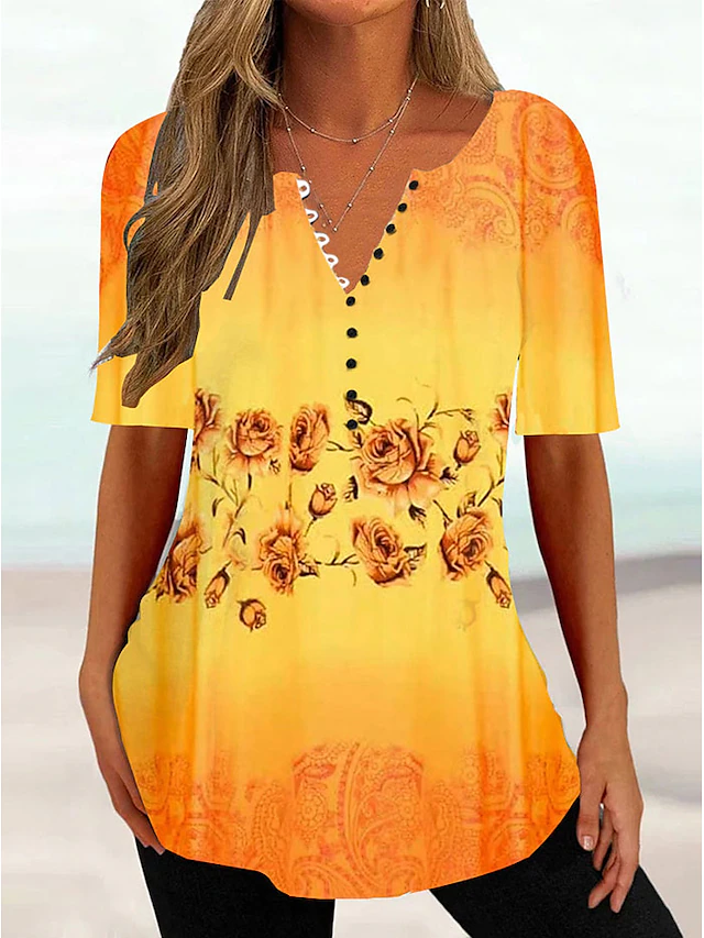 Women's T shirt Tee Henley Shirt Floral Holiday Weekend White Yellow ...