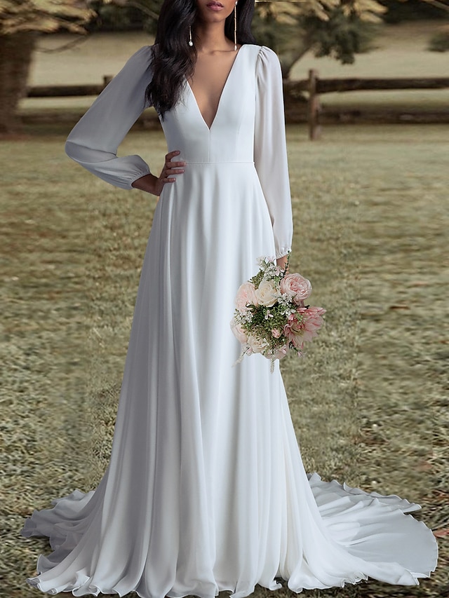 Open Back Wedding Dresses A Line V Neck Long Sleeve Sweep Brush Train   Gwntvw1691718743838 