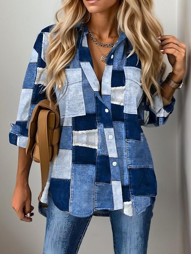  Camicia da donna a stampa 3D Basic Color Block con bottoni maniche lunghe t-shirt regolare colletto casual blu primavera e autunno