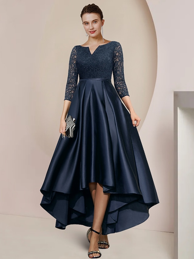 A-Line Mother of the Bride Dress Wedding Guest Elegant Scoop Neck Tea Length Satin Lace Long Sleeve with Pleats Beading main image 1