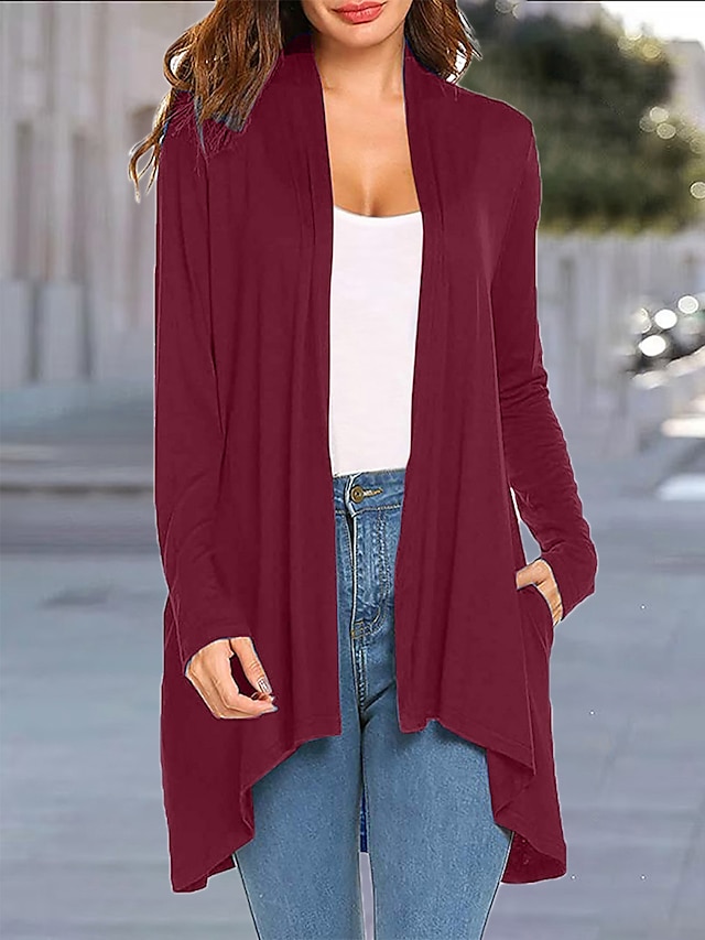  Women's Cardigan Sweater Open Front Ribbed Knit Knit Pocket Summer Fall Outdoor Daily Weekend Stylish Casual Soft Long Sleeve Solid Color Black White Wine S M L