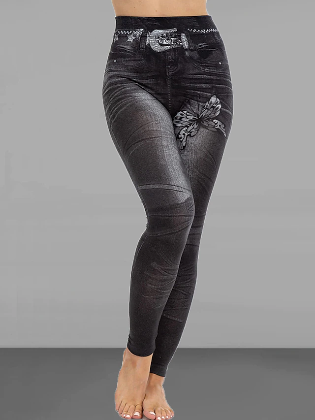 Women's Slim Pants Trousers Leggings Fashion Streetwear Casual Full Length High Waist Butterfly Pocket Print High Cut Breathability Comfortable High Elasticity Street Causal Daily Black Blue Summer 12