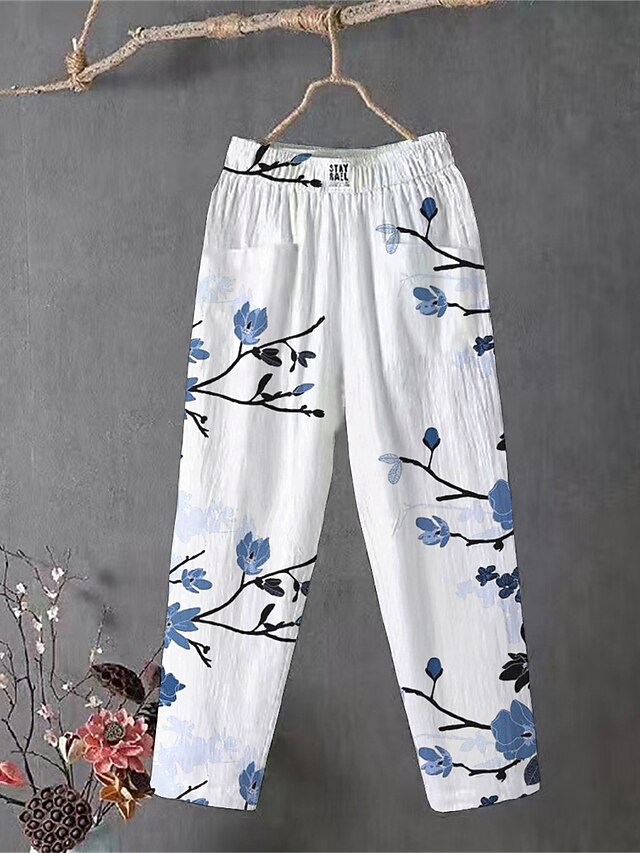 Women's Cotton Linen Pants Slacks Baggy Pants Comfort Chino Ankle-Length Medium Waist Flower Pocket Baggy Print Breathability Micro-elastic Outdoor Daily Light Pink White / White Black 4# Blue All 8