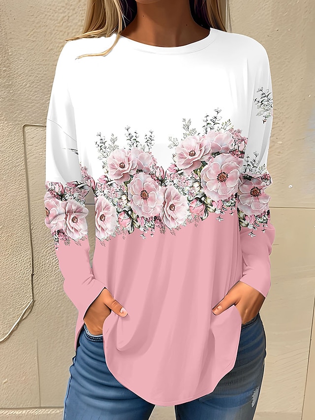 Women's T shirt Tee Floral Holiday Weekend White Pink Red Print Long ...