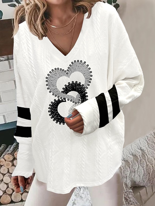  Women's Pullover Sweater Jumper V Neck Ribbed Knit Polyester Print Summer Fall Outdoor Daily Going out Stylish Casual Soft Long Sleeve Heart Animal Color Block White / Black Black White S M L
