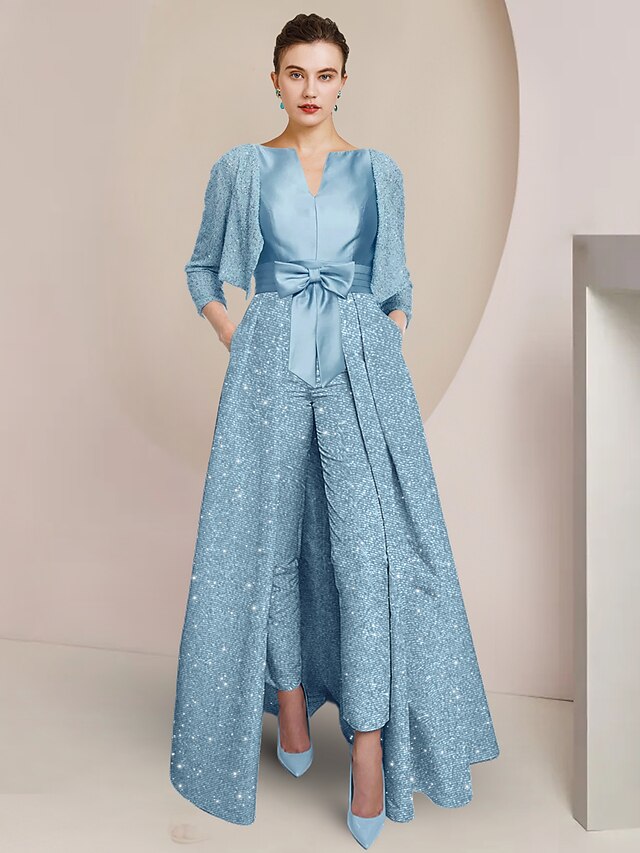 Two Piece Jumpsuit Mother of the Bride Formal Elegant Sparkle & Shine Scoop Neck Ankle Length Sequined 3/4 Length Sleeve Wrap Included with Bow(s) Ruched 7