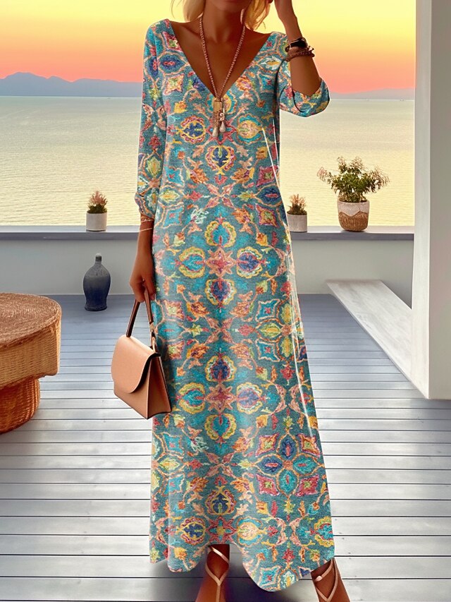 Women's Maxi Dress Graphic Print V Neck Long Dress Daily Date Long Sleeve Spring Fall2