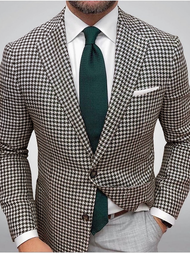  Men's Tweed Checkered Blazer Jacket Houndstooth Outdoor Casual Regular Slim Fit Single Breasted Two-buttons Black Brown Yellow Light Green Red 2024