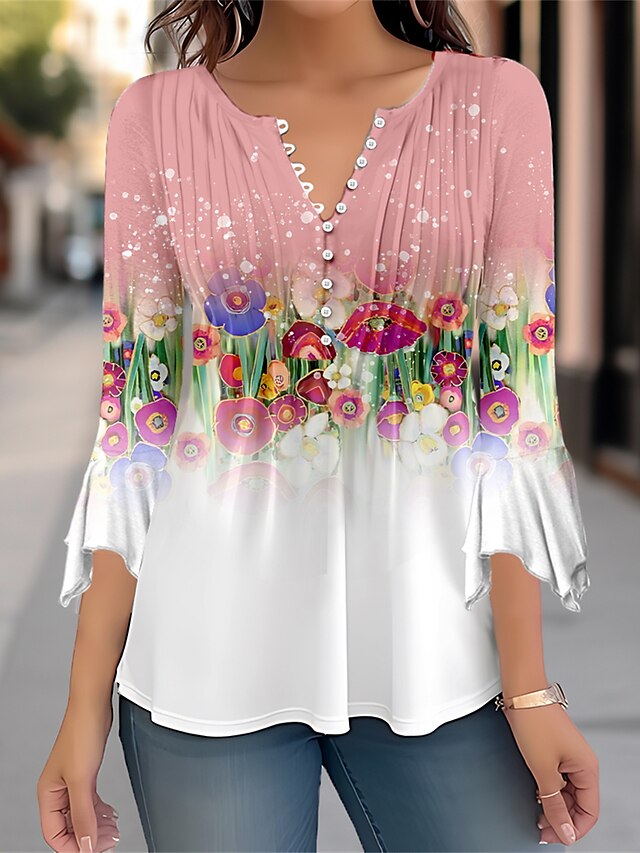 Women's Shirt Blouse Floral Pink Print 3/4 Length Sleeve Casual Holiday ...
