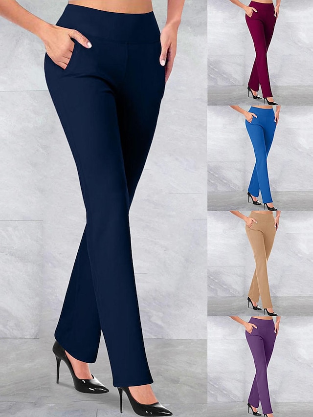  Women‘s Dress Work Casual Pants Trousers Straight Full Length Pocket Stretchy Trousers  Daily Black Wine S M