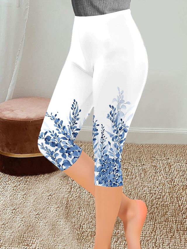  Women's Leggings Capri Pants Print Designer High Rise Capris Transparent Blue Spring, Fall, Winter, Summer