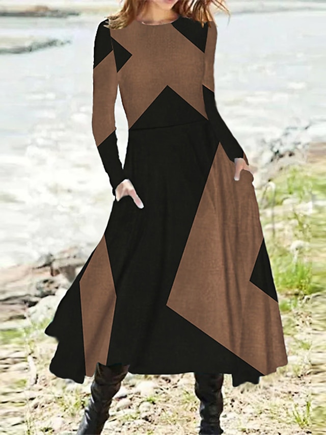  Femme Robe casual Bloc de couleur Imprimer Col Ras du Cou Robe longue maxi basique du quotidien Vacances manche longue Printemps Automne