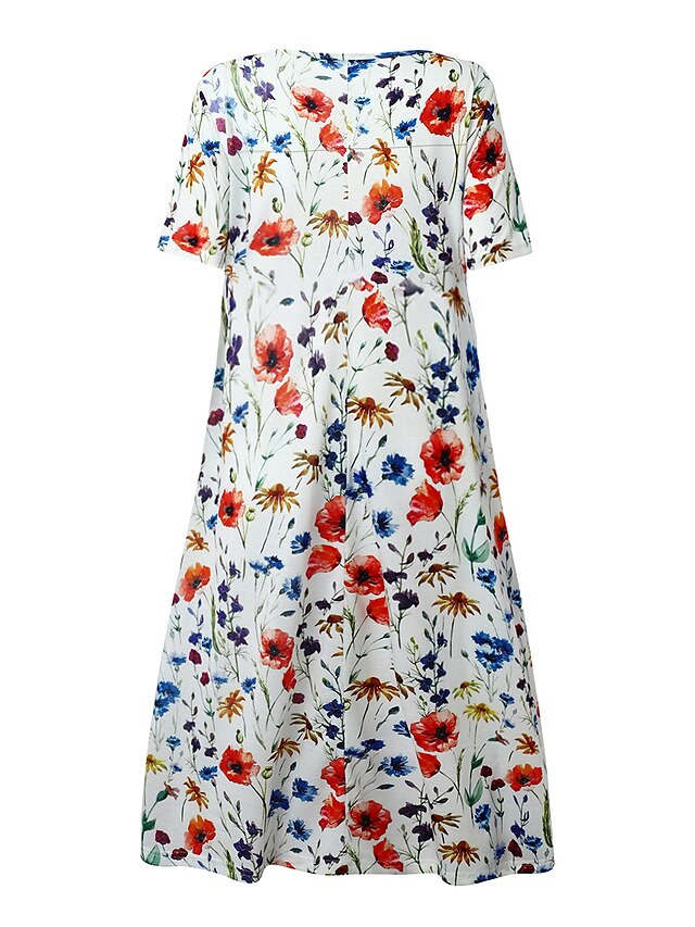 Women's Casual Dress Floral Dress Midi Dress White Short Sleeve Floral ...