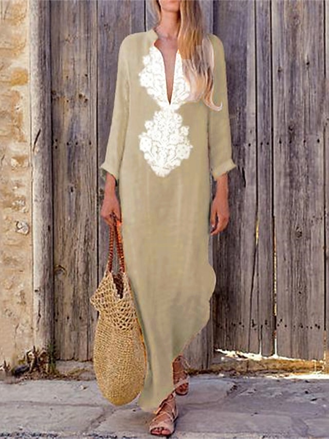  Női hétköznapi ruha Pamut nyári ruha Maxiruha Len Nyomtatott Alap Napi Vakáció V-alakú Hosszú ujj Nyár Tavasz Ősz Sárga Égszínkék Virág