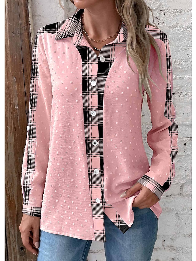 Women's Shirt Blouse Pink Plaid Button Print Long Sleeve Casual Basic ...