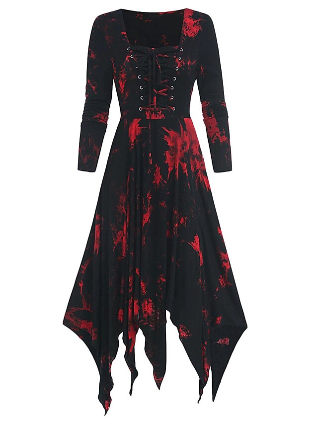 Women's Halloween Dress Retro 1950s Vintage Dress Midi Dress Halloween Daily Drawstring Print Tie Dye Crew Neck 3/4 Length Sleeve Regular Fit Spring Fall 2023 Red Blue S M L XL3