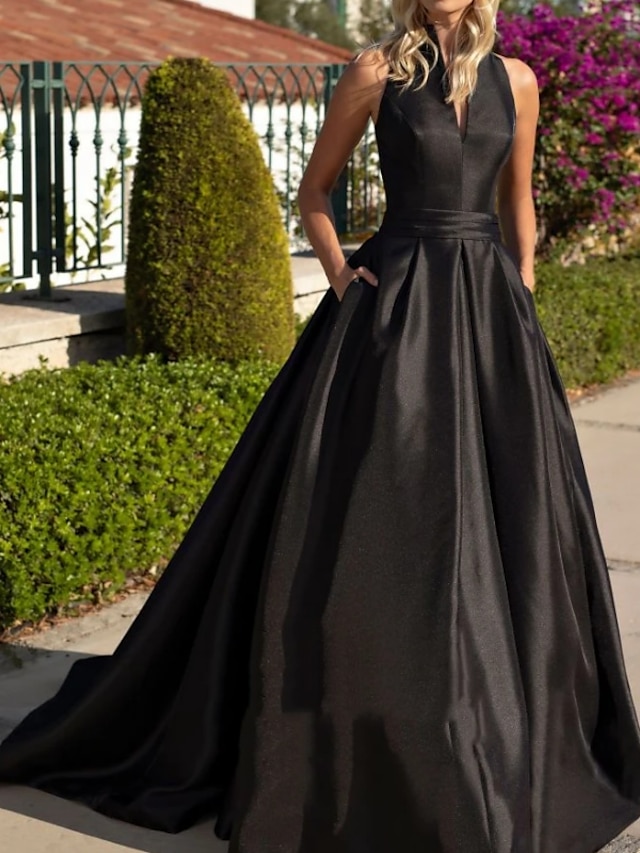  A-Line Evening Gown Party Dress Elegant Dress Formal Fall Sweep / Brush Train Sleeveless V Neck Satin with Pleats 2024