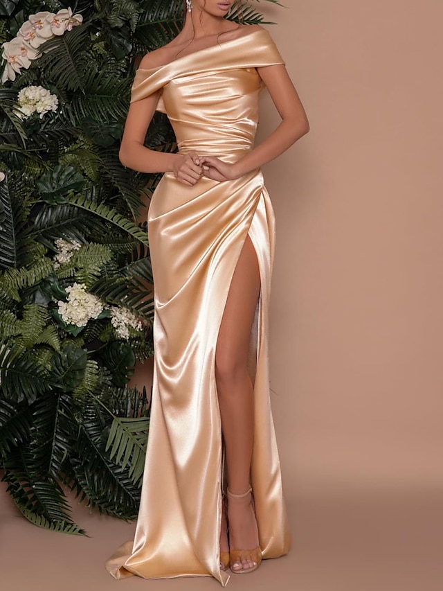  Mermaid Party Dress Evening Gown Sexy Dress Formal Wedding Guest Sweep / Brush Train Sleeveless Off Shoulder Satin with Ruched Slit 2024