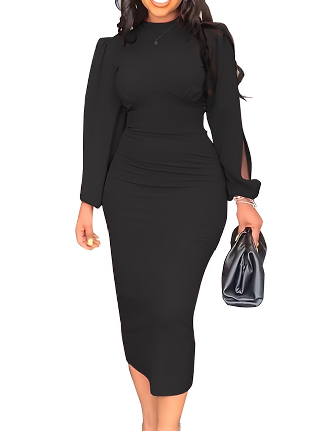 Women's Work Dress Sheath Dress Black Dress Fashion Midi Dress Ruched ...