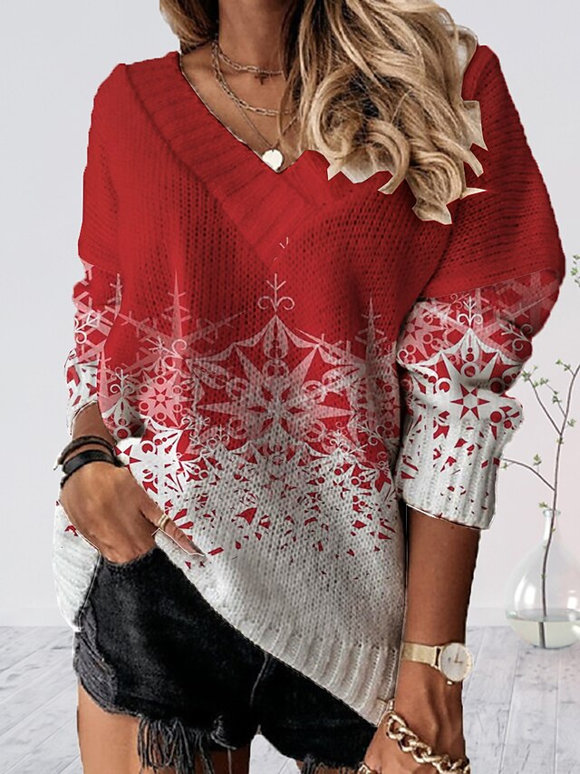 Women‘s Christmas Pullover Sweater Jumper V Neck Crochet Knit Polyester