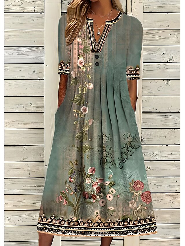  Freizeitkleid für Damen, Etuikleid, Midikleid, Marineblau, Blau, Orange, halbe Ärmel, geblümt, gerüscht, Sommer, Frühling, V-Ausschnitt, Vintage-Urlaub, 2023, S, M, L, XL, XXL, 3XL