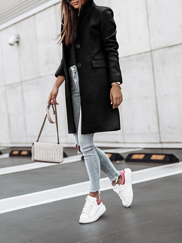 Women's Winter Coat Long Overcoat Fall Stand Collar Trench Coat Warm Windproof Pea Coat with Pockets Formal Stylish Casual Street Jacket Long Sleeve Black White Khaki 13