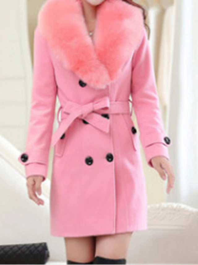 Women's Winter Coat Long Pea Coat with Fur Collar Double Breasted Fall ...