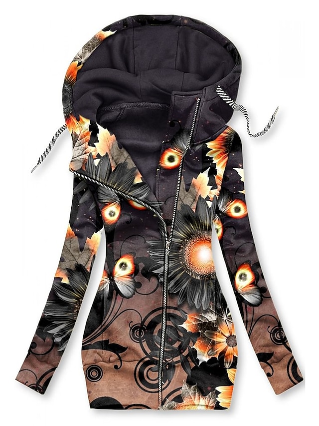  Women's Zip Up Hoodie Sweatshirt Floral Graphic Butterfly Street Casual Drawstring Zip Up Front Pocket Black White Pink Sports Basic Hoodie Long Sleeve Top Micro-elastic Fall & Winter