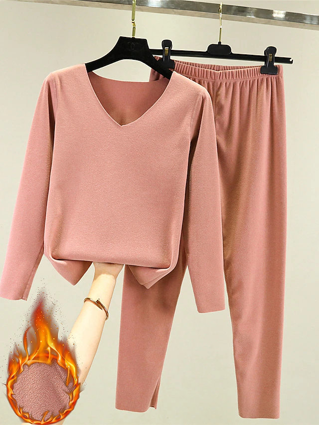 Women's Pajamas Thermal Set Pure Color Fashion Plush Casual Home Daily Bed Acrylic Breathable V Wire Long Sleeve T shirt Tee Pant Fall Winter Home Outfits 7