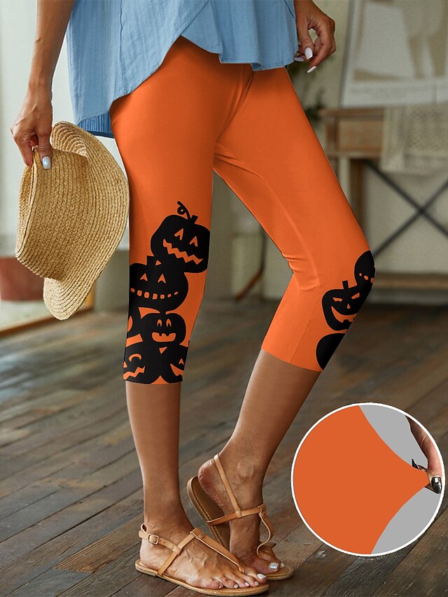  Damskie Gorset profilujący Spodnie capri Nadruk Halloween Wysoki stan Capris Transparenty biały Wiosna, jesień, zima, lato
