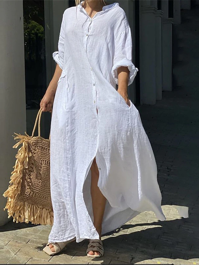Women's Black White Yellow Summer Spring Fall Maxi Dress White Dress Cotton Linen Dresses Shirt Dress Classic Casual Vacation Daily Loose Fit Plain Shirt Collar 14