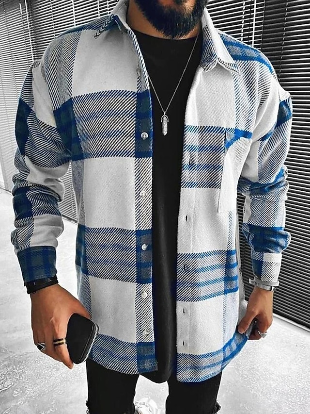  Herren Hemd Flanellhemd Kariertes Hemd Knopfhemd Overshirt Shacket Karo Outdoor Alltagskleidung Blau Langarm Revers Frühling & Herbst Bekleidung Fronttasche