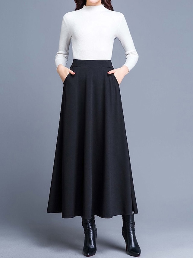 Summer Solid Casual A Line Skirt With Side Pocket Women Office Lady Elegant High Waist Midi Skirt