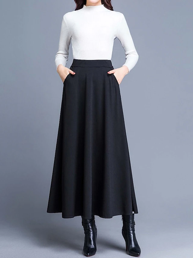 Women's Skirt A Line Swing Work Skirts Midi Black Wine Red Skirts ...