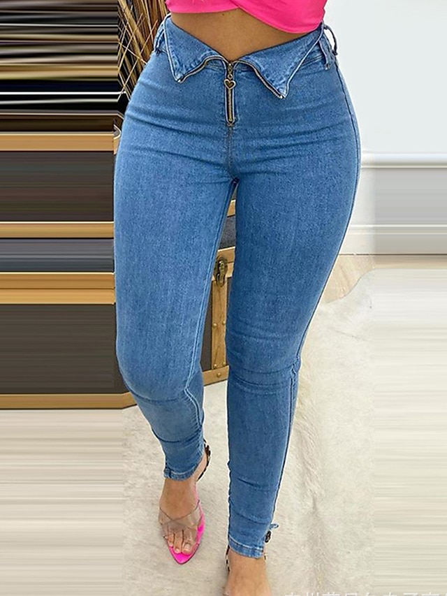  Mulheres Jeans Calças cônicas Poliéster Cintura Média Comprimento total Azul Outono