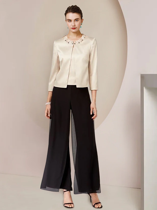 Pantsuit 3 Piece Mother of the Bride Formal Wedding Guest Elegant Party Scoop Neck Floor Length Chiffon Satin Half Sleeve Wrap with Beading Split Front3
