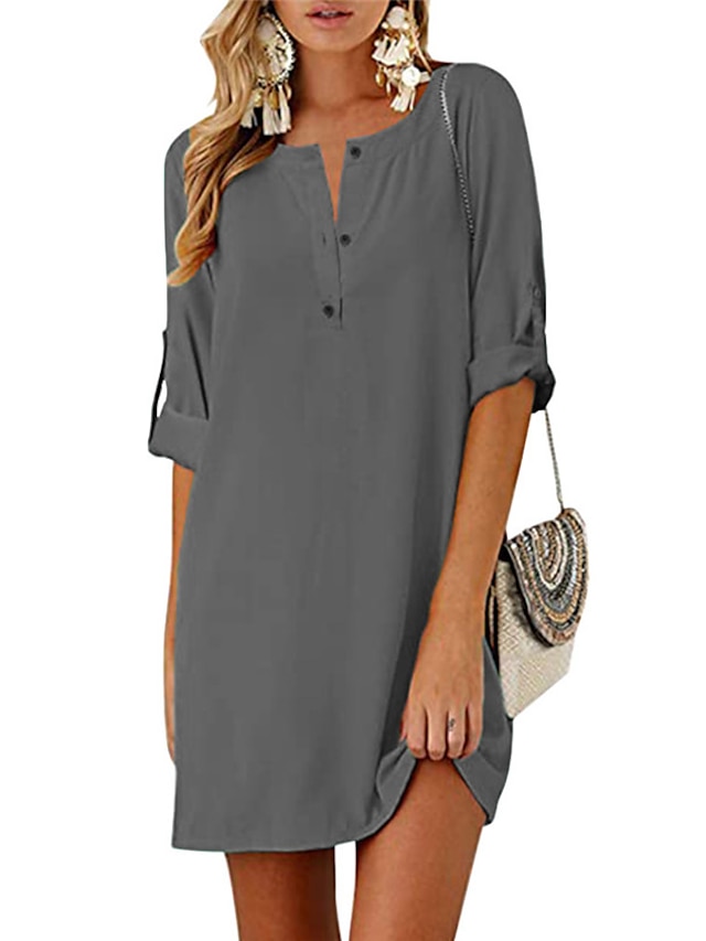 Women's Shirt Dress Cotton Summer Dress Mini Dress Ruched Stylish Basic ...