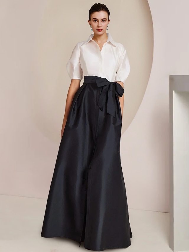  A-Line Mother of the Bride Dress Formal Wedding Guest Elegant Party Shirt Collar Floor Length Taffeta Short Sleeve with Bow(s) Color Block 2024