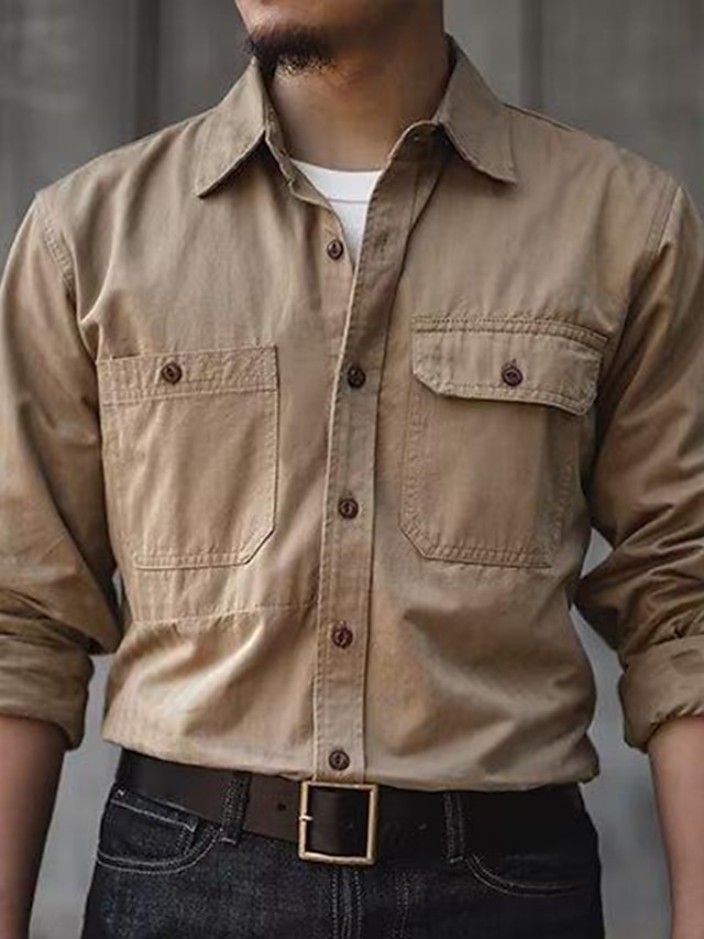  男性用 ボタンアップシャツ カジュアルシャツ ワークシャツ カーキ色 アーミーグリーン ダークブルー 長袖 平織り ラペル ストリート バケーション ベーシック 衣類 ファッション レジャー