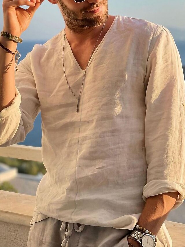 Men's Shirt Linen Shirt Cotton Linen Shirt Summer Shirt Beach Shirt Plain Casual Daily Khaki Long Sleeve V Neck Spring & Summer Clothing Apparel2