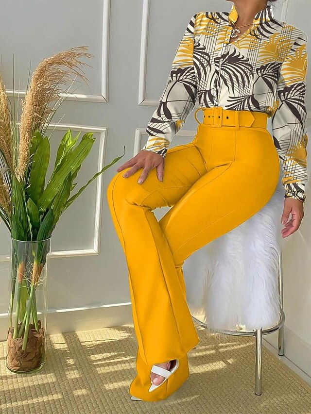 Women's Daily Business Neon & Bright Shirt Office Suit Pants Sets Dress Pants Pants Trousers Long Sleeve Stand Collar Floral Leopard Letter Print Work Daily Black Yellow Pink Fall & Winter Regular Fit 7