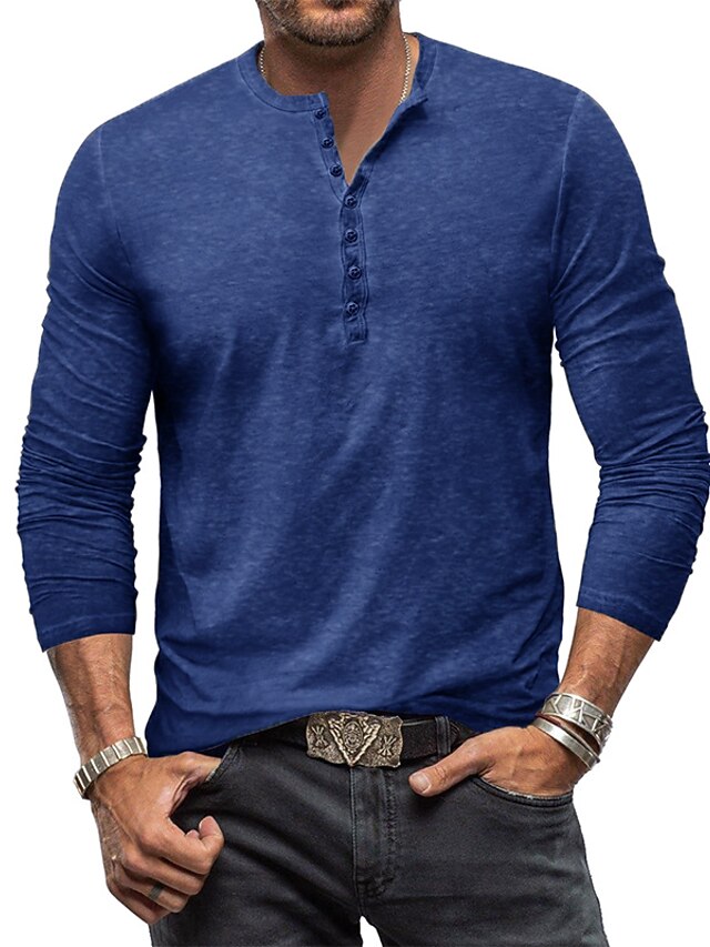 Men's Henley Shirt Tee Top Long Sleeve Shirt Plain Henley Street