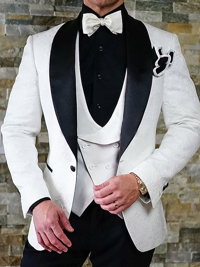 bílý& černé pánské žakárové květinové svatební gotické obleky smokingové společenské obleky 3dílný střih na míru jednořadý jednořadý na knoflík 2024