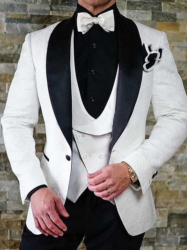 Men's Wedding Prom Suits Shawl Collar White Jacquard Floral Tailored Fit 3 Piece Single Breasted One-button4