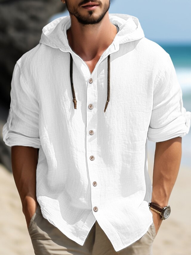 Men's Shirt Linen Shirt Calico Shirt Hooded Shirt Black White Blue ...