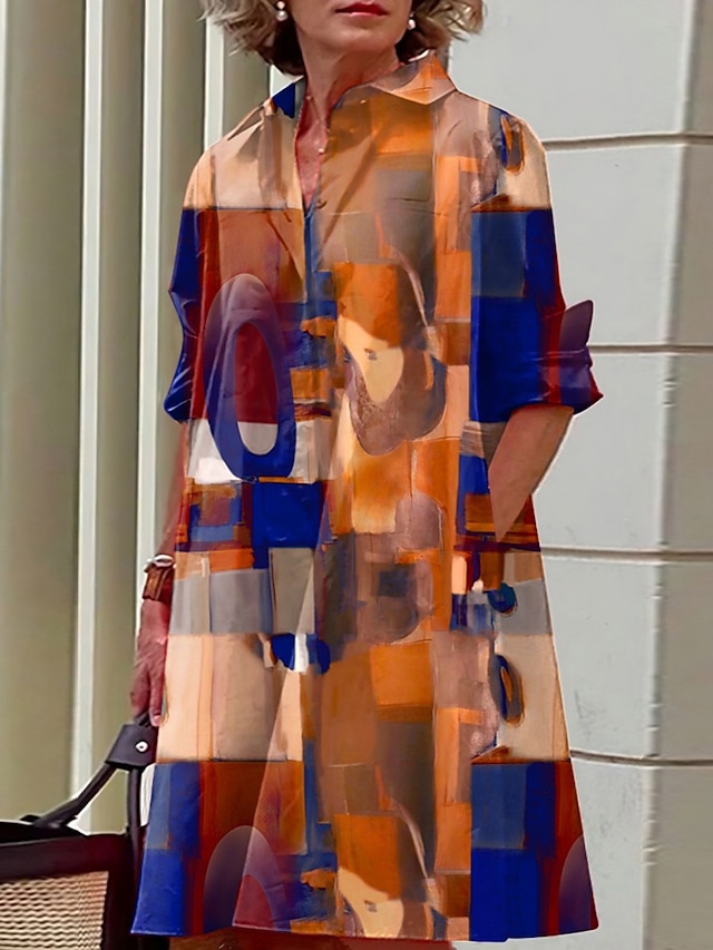  Abito midi donna Abito camicia Abito casual da esterno ufficio quotidiano moda moderna colletto camicia bottoni tasca maniche lunghe autunno inverno taglia larga a blocchi di colore graffiti