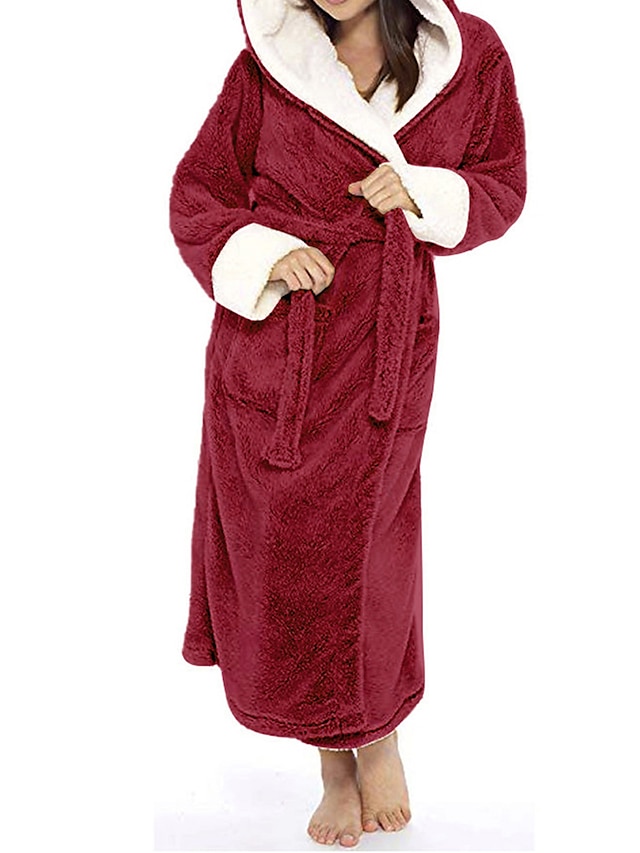  Mulheres Pijamas Roupões de banho Robes Cor imaculada Quente Felpudo Conforto Casa Diário De Cama Poliéster Respirável Capuz Manga Longa Bolsos Outono Inverno Vermelho Lavanda