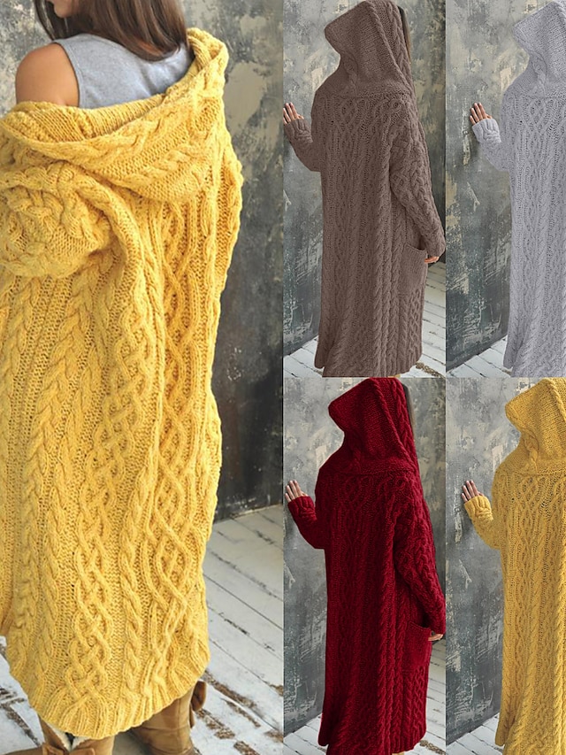  Women's Cardigan Sweater Hooded Cable Knit Polyester Pocket Hooded Fall Winter Long Outdoor Daily Going out Stylish Casual Soft Long Sleeve Solid Color Black Yellow Pink S M L